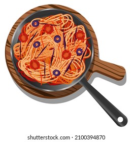 Ilustración vectorial de la vista superior de la pasta con salsa, aceitunas, tomates, zanahorias, col violeta y especias sobre una sartén frita y tablero de madera aislado en fondo blanco.
