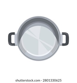 Vector illustration from a top view perspective of an empty metal stainless steel cooking pot with two black side handles, isolated on a white background.