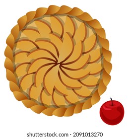 Vector illustration of top view of pie with slices of apples laid out in circle isolated on white background.