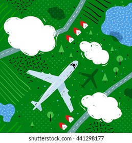 Vector illustration of top view of plane flying near clouds above rural landscape with lakes, roads and houses.