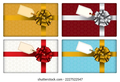 Vector illustration top view of presents and ribbon on gift wrapping paper snowflakes pattern with blank tag. Various colors of gift boxes with blank space. Christmas background.