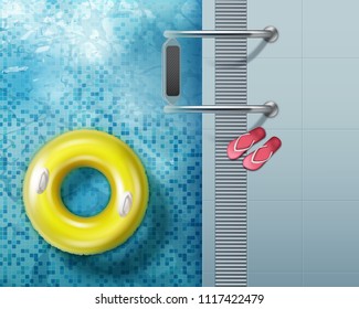 Vector illustration of top view realistic waterpark pool aquapark aqua park splash beach with red flip-flops and swim ring