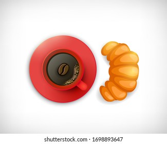  Vektorillustration. Draufsicht auf die rote Kaffeetasse mit frischem Croissant. Frühstückskonzept. Vignette Hintergrund. Flacher Stil. Elemente für Webdesign.