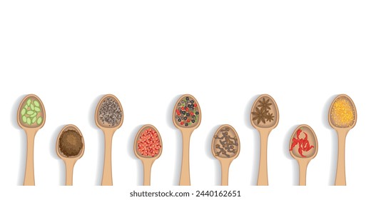 Vector illustration of a top view of a set of spices and seasonings for cooking in wooden spoons. View from above. Cardamom, cloves, ginger, pepper, chili.