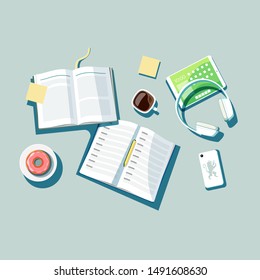 Vector illustration of the top view of student's workplace with book, notepad, headphones, tablet pc, smrtphone, donut, cup of coffee and pencil.