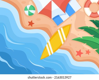 Vector Illustration Top View Summer Beach With umbrellas, Floating rubber ring, Surfboard, ball, starfish.
Can be used for promotion, background, postcard, greeting card, web, social media, etc.