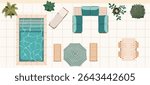 Vector illustration of top view swimming pool patio lounge with sun loungers, outdoor sofa, wooden dining table, chairs, and potted plants on tiled floor. Modern backyard design concept