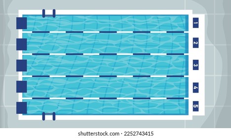 Vector illustration of top view swimming pool. Cartoon swimming pool with numbered lanes, jumps and ladders.