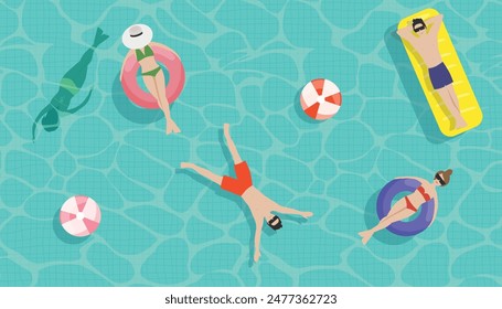 Vector illustration of top view of swimming pool. Cartoon pool scene with clear water, boys and girls in swimsuits, sunglasses, hats, swimming and sunbathing on inflatable circles, sunbeds, balls.