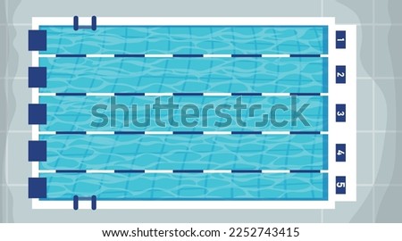 Vector illustration of top view swimming pool. Cartoon swimming pool with numbered lanes, jumps and ladders.