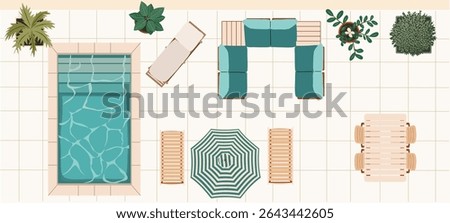 Vector illustration of top view swimming pool patio lounge with sun loungers, outdoor sofa, wooden dining table, chairs, and potted plants on tiled floor. Modern backyard design concept