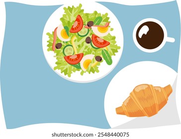 Ilustração vetorial de uma vista superior de uma mesa com um café da manhã elegante de salada, croissants e café