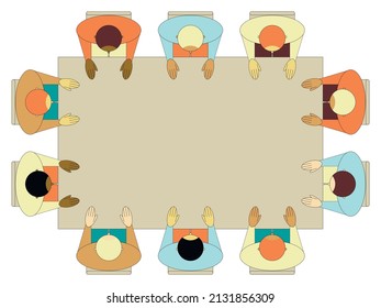 Vector illustration - top view - ten men sitting at an empty rectangular table and space to copy. Concept - group psychotherapy or teamwork