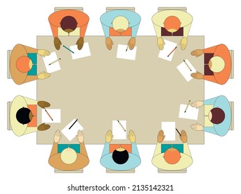 Vector illustration - top view of ten men sitting at a rectangular table with white paper documents. Concept - teamwork and business strategy