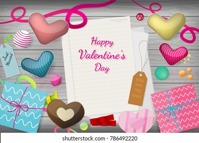 Vector illustration Top View of Valentine's day concept with hearts, paper and gift box elements on wooden background 
for greeting card and web design