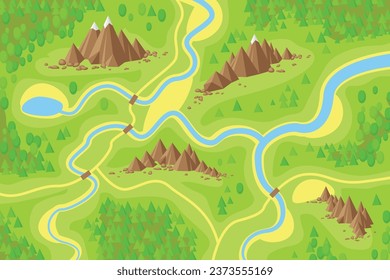 Ilustración vectorial. Vista superior del valle.  Tierra, hierba, montañas, nieve, bosque verde, árboles, ríos, lago.