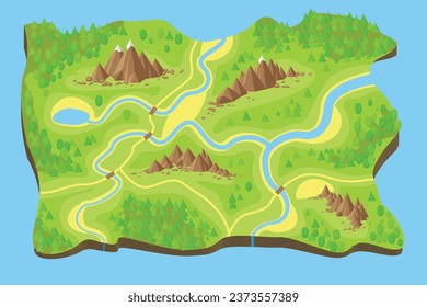 Vector illustration. Top view of the valley surrounded by the sea.  Island, land, grass, mountains, snow, green forest, rivers, lakes.