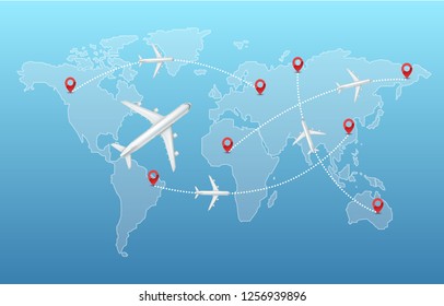 Vector illustration of top view white airplanes with infographics elements destination icon, trajectory and world map isolated on background