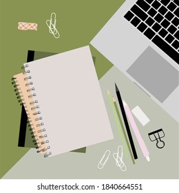 vector illustration top view of working desk ,books,laptop,tape,pencil,note,paperclips,vector background illustration