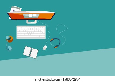 vector illustration top view of workstation or workspace, computer, notebook, headphone on table, copy space green background.