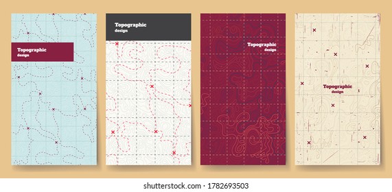 Vector illustration. Topographic cover concept. Set of minimal design banner for print. Vintage color. Old fashion style. Retro poster graphic. Map with marks and trails. Line art pattern
