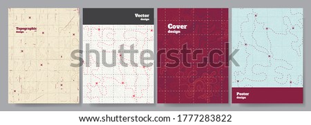 Vector illustration. Topographic cover concept. Set of minimal design banner for print. Vintage color. Old fashion style. Retro poster graphic. Map with marks and trails. Line art pattern