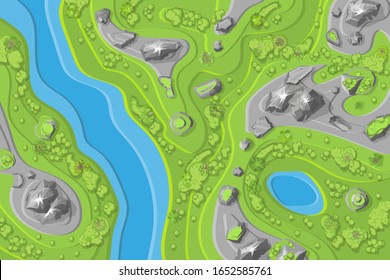 Vector Illustration. Topographic Landscape With Mountains, River, Hills, Forest. Top View. Terrain Map. View From Above.