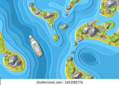  Vektorillustration. Topografische Landschaft. Meer, Inseln und Yacht. (Draufsicht) Zeit zu reisen - Sonne, Meer, Insel, Sand, Yacht, Palme. (Ansicht von oben) 