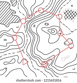 Vector illustration of topographic orienteering map with with distance marked on it. topo symbols and landmark objects. Orientation, topography, navigation banner template. 