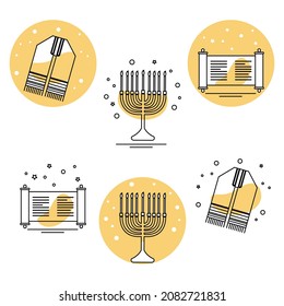 Vector illustration Torah Menorah Tallit Israel Judaism Religious Happy Holiday Chanukah Passover Hanukkah Sukkot Rosh Hashanah Yom kippur Traditional Jewish Festival symbol Prayer Belief Holy