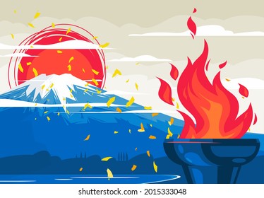 Vector illustration of a torch with fire for international sports games on the background of a Japanese mountain, volcano, against a red sun