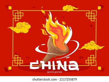 Vektorgrafik einer Taschenlampe mit Feuer für internationale Sportspiele auf rotem Hintergrund mit Design-Elementen der chinesischen Kultur
