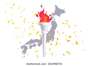 Vector illustration of a torch with fire on the background of a silhouette of a map of Japan with golden confetti