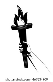 Vector illustration of torch in human arm icon isolated on white background. Torch flame for emblem, badge, template. Use for print or web
