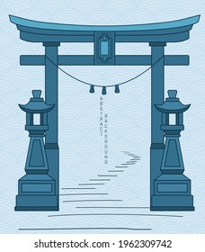 vector illustration of torii gate in blue colour scheme with stairs