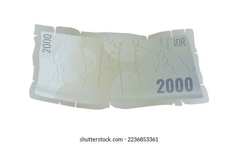 Vector illustration of torn and damaged 2000 rupiah banknote, in trendy flat cartoon design style, isolated on white background. Anti-global recession money. IDR 2000 money from Indonesian bank.