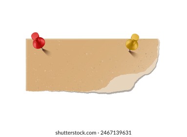 Vector illustration of torn kraft paper mockup nailed with colorful nails, showing cardboard texture and jagged edges on isolated background for design projects.