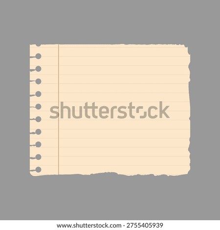 Vector illustration of a torn, lined notebook paper on a gray background. The paper has a rough edge and visible hole punches on the left side.
