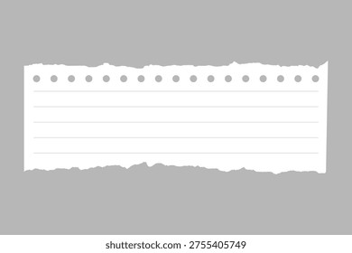 Vector illustration of a torn notebook paper with lined texture on a gray background. The paper features a perforated edge and horizontal lines.