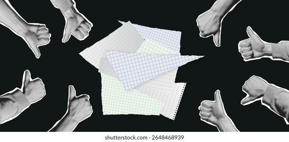 Vector illustration of torn paper in the center with blank space for custom text, surrounded by expressive hands making thumbs up and thumbs down gestures. Designed in dramatic cutout halftone style