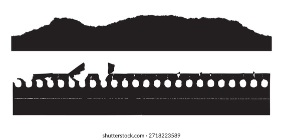 Ilustración vectorial de bordes de papel rotos. Cuenta con un borde superior dentado y un borde inferior con agujeros de perforación para portátiles y una línea perforada. Ideal para Diseño gráfico y proyectos creativos.