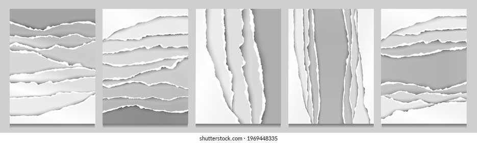 Vector illustration. Torn paper effect. Grey wallpapers collection. Decorative realistic concept. Design for poster, book cover, magazine, flyer, layout. Layered backgrounds collection. Graphic art