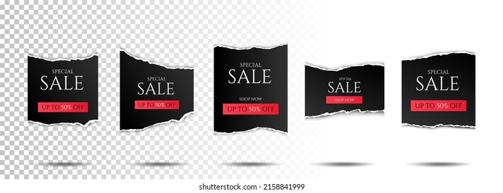 Vector illustration. Torn paper effect. Black gradient color banner collection. Design for brochure, book cover, magazine, poster, gift or business card, portfolio, flyer, banner, website template