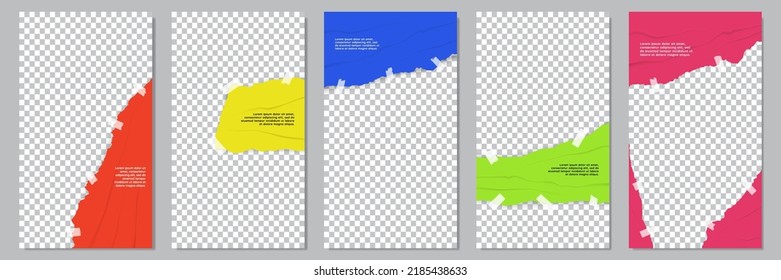 Vector illustration. Torn paper effect. Note stickers. Colorful modern banner collection. Design for flyer, voucher, coupon, social media story template. Rumpled plastic wrap. Photo frame background