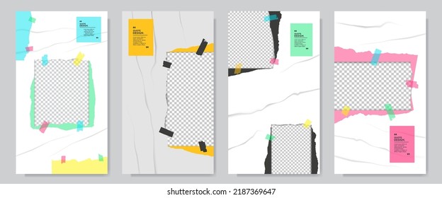 Vector illustration. Torn paper effect. Color note stickers. White banner collection. Design for flyer, discount voucher, coupon, social media story template. Rumpled plastic wrap. Photo frame overlay