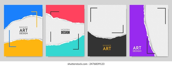 Vector illustration. Torn paper effect. Color banner collection. Design element for poster, invitation, layout, magazine, coupon, book cover. Decorative art. A4 size overlay with 3d shadow effect