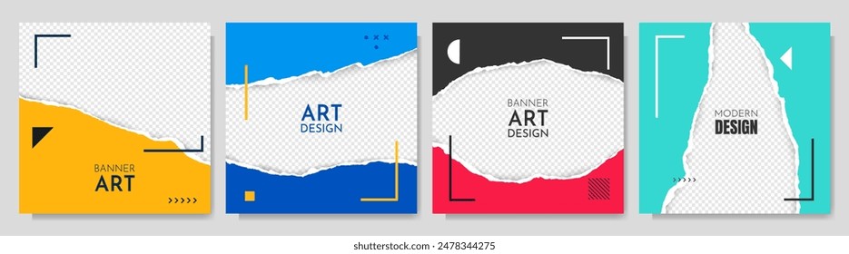 Vector illustration. Torn paper effect. Color banner collection. Design element for social media, web template, blog post. Decorative art. Square size overlay with 3d shadow effect and geometric frame