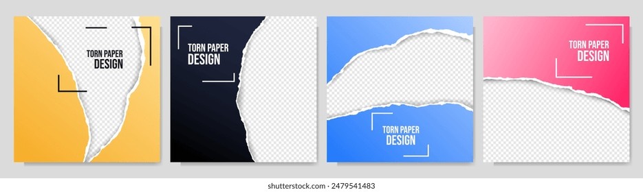 Vector illustration. Torn paper effect. Color banner collection. Design element for social media, web template, blog post. Decorative art. Square size overlay with 3d shadow effect and geometric frame