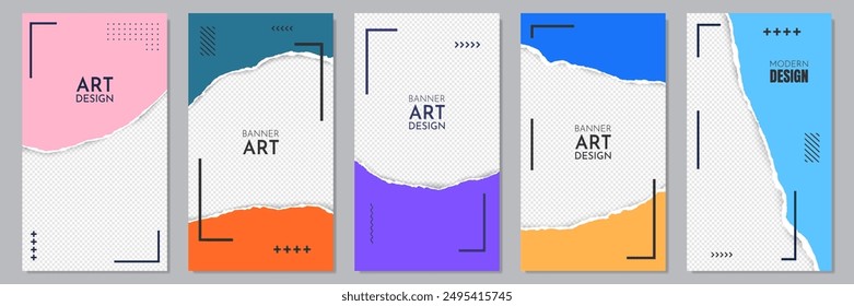 Vector illustration. Torn paper effect. Color banner collection. Design for flyer, coupon, voucher, leaflet. Decorative art. Vertical overlay with shadow effect and geometric memphis pattern elements