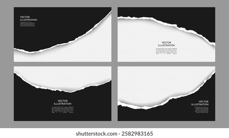 Vector illustration. Torn paper effect. Black color banner collection. Design element for web template, horizontal background. Decorative art. Overlay with 3d realistic shadow. Ripped pages strip set
